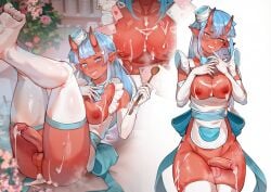 1futa after_anal anus apron aqua_eyes areolae armwear balls bent_legs blue_hair blush breasts byebyefrog cum cum_between_breasts cum_drip cum_in_ass cum_inside cum_on_breasts cum_on_thighs detached_collar ear_piercing erect_penis exposed_breasts futa_only futanari grin grinning_at_viewer heart-shaped_pupils horns legs_up long_hair looking_at_viewer lying lying_on_back multiple_views neck_ribbon nipples no_panties oni oni_horns open_mouth penis pointy_ears red_skin smiling smiling_at_viewer spoon standing sui_(suikisses) thick_thighs thighhighs valentine's_day very_high_resolution white_armwear white_thighhighs