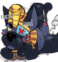 anon anonymous anonymous_male anubis belly black_fur blush brawl_stars canine colonel_ruffs colonel_ruffs_(brawl_stars) cum dick domestic_dog egyptian furry gay gray_fur legs muzzle nemes_(clothing) nose paws pharaoh phrase rich_trueman rope ruffs sweat sweatdrop tied_up white_fur