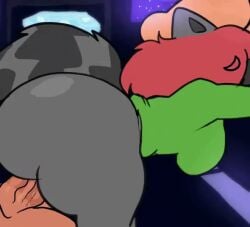 1boy 1girls 2022 andrew_(lemonadepikachu) animated anthro ass balls bed_creaking big_ass big_breasts bottomless bouncing_ass breasts disembodied_penis edited_by_uploader female fur gigantic_ass hat huge_ass human_on_anthro large_ass large_breasts lemonadepikachu male original original_character penis raccoon red_hair reverse_cowgirl_position riding scarlet_(ownintime) sex sound_edit straight tagme thick_thighs third-party_edit video