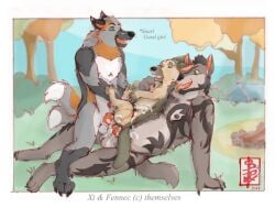 2_tails anal animal_genitalia animal_penis animal_vulva anthro anthro_on_feral balls big_top_small_bottom bisexual bodily_fluids breeding_kink canid canine canine_genitalia canine_penis canine_vulva canis cum cum_in_ass cum_in_vagina cum_inside cum_on_balls cum_on_body cum_on_penis deep_penetration digital_media_(artwork) digital_sketch domestic_dog double_penetration double_team english_text female fennec_(artist) fennec_(character) feral fox genital_fluids genitals german_shepherd good_girl group group_sex herding_dog in_the_woods knot knotted_penis male male/female male/male mammal multi_tail mythological_canine mythological_creature mythology on_grass on_ground pastoral_dog penetration penis sandwich_position sex size_difference size_play tail tent text trio vaginal_penetration werecanid werecanine werecreature werefox werewolf wolf zoophilia