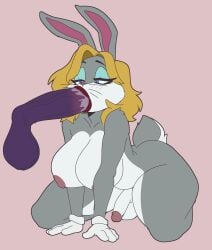 anthro balls big_balls big_breasts big_penis blonde_hair blursedart blush breasts bugs_bunny clothing disembodied_penis flaccid genitals gloves gloves_only gynomorph hair handwear handwear_only hi_res intersex intersex/male lagomorph leporid lipstick looney_tunes makeup male mammal mostly_nude mtg_crossgender mti_crossgender offscreen_male oral oral_penetration penetration penis rabbit rule_63 solo tuft warner_brothers whiskers wig