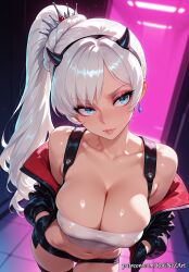 2026 ai_generated anime bangs bare_shoulders black_jacket black_thighhighs blue_eyes breasts cleavage closed_mouth collarbone covered_nipples crossover demon_horns earrings eye_contact fake_horns female female_focus female_only hands_in_pockets highres horns huge_breasts jacket jewelry large_breasts long_hair looking_at_viewer midriff navel neutral_expression nsfw off_shoulder open_clothes open_jacket patreon ponytail rognezart rwby scar scar_across_eye scar_on_face shiny shiny_skin short_shorts shorts side_ponytail solo thighhighs very_long_hair weiss_schnee white_hair