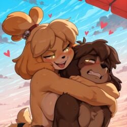 ai_assisted ai_generated anthro arms_around_neck blush blush_lines breedorbred brown_body canopy close-up clouds comfyui cropped_image digby_(animal_crossing) femdom furry glowing_eyes grimace heart_symbol hi_res implied_sex isabelle_(animal_crossing) looking_at_partner looking_back offscreen_sex open_mouth preview restrained sibling_(lore) sky teeth tongue two-tone_body yellow_body yellow_eyes