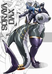 4_toes abs absurd_res accessory albinion anthro aquatic areola ass athletic athletic_anthro athletic_female barbell_piercing big_breasts big_butt big_tail biped black_areola black_body black_clothing black_nipples black_skin blue_hair bottomless breasts claws clothed clothing countershade_torso countershading curvy_figure dark_areola digital_media_(artwork) digitigrade ear_piercing ear_ring egyptian english_text eyelashes facial_tattoo featureless_crotch feet female female_anthro fin fingers fish footwear full-length_portrait furgonomic_piercing furgonomics genitals gills glistening glistening_body glistening_breasts glistening_thighs gold_(metal) gold_jewelry grey_body grey_hair grin gun hair handgun hi_res highlights_(coloring) holding_gun holding_handgun holding_object holding_ranged_weapon holding_weapon huge_breasts jacket jewelry legwear long_tail looking_at_viewer mostly_nude multicolored_body multicolored_hair muscular muscular_anthro muscular_female navel nipple_barbell nipple_dip nipple_piercing nipples nude open_clothing open_jacket open_topwear partially_clothed piercing portrait puffy_nipples purple_clothing purple_legwear ranged_weapon ring ring_(jewelry) ring_piercing scales shark shark_tail sharp_teeth simple_background smile solo soraya_dax standing stockings tail tail_accessory tail_fin tail_jewelry tail_ring tailband tattoo teeth text thick_tail thick_thighs thigh_highs toe_claws toes topwear two_tone_body two_tone_hair voluptuous vulva weapon white_background white_body white_breasts white_hair white_skin wide_hips yellow_eyes