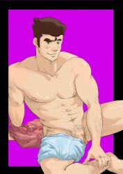 1boy abs avatar_the_last_airbender bara blue_male_underwear blush bolin boxers brown_hair bucephalus.tvt feet_out_of_frame green_eyes hair_strand leg_hair long_sideburns male male_focus male_only male_pubic_hair male_underwear muscular muscular_male navel navel_hair nipples nose_blush pectorals pubic_hair short_hair sideburns smile smooth_skin solo stomach the_legend_of_korra thighs topless_male underwear underwear_around_one_leg underwear_only