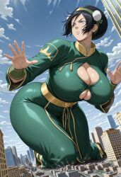 1girls aged_up ai_generated avatar_the_last_airbender barefeet barefoot big_breasts black_hair black_hair_female blind blind_female breasts building buildings city cleavage clothed clothed_female female female_focus female_only giant_female giant_woman giantess large_boobs large_breasts light-skinned_female light_skin memesrus1234 nickelodeon nicktoons solo solo_female solo_focus thick_thighs thighs toph_bei_fong