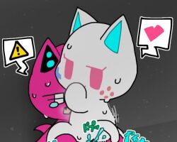 ambiguous_gender bodily_fluids domestic_cat duo felid feline felis heart machine mammal pink_body pink_eyes robot sweat tears text unknown_artist unknown_character warning warning_sign white_body