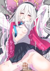 1boy absurdres arms_up bar_censor bed_sheet black_hairband black_skirt blue_archive blue_necktie blush breasts censored collared_shirt commentary_request cum cum_in_pussy cum_overflow double-parted_bangs female hair_between_eyes hairband halo heart highres jacket kei_(blue_archive) kei_(new_body)_(blue_archive) long_hair long_hair_between_eyes long_sleeves looking_at_viewer lying miniskirt missionary multicolored_jacket necktie nipples no_bra no_panties on_back open_clothes open_jacket open_mouth open_shirt penis pillow pink_eyes pink_halo pleated_skirt pov pussy rectangular_halo ringed_eyes school_uniform sensei_(blue_archive) sex shirt skirt small_breasts solo_focus spread_legs straight sweat teik0p thighs two-tone_jacket vaginal_penetration very_long_hair white_hair white_jacket white_shirt