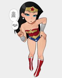 1girls aged_down amazon bare_arms bare_legs bare_shoulders barefoot black_hair blue_eyes boots bracer cartoon_network collarbone dc dc_comics diana_prince earrings english_text footwear full_body half-closed_eyes hand_on_hip hand_up heroine index_finger_raised jewelry justice_league justice_league_unlimited leaning leaning_forward legs leotard long_hair loodncrood looking_at_viewer multicolored_clothes multicolored_clothing multicolored_leotard naughty_face open_mouth red_boots red_footwear red_leotard simple_background smile speech_bubble standing star star_(symbol) star_earrings star_print straight_hair strapless strapless_leotard superhero_costume superheroine talking teenage_female teenage_girl teenager text themysciran thighs tiara two-tone_leotard very_long_hair wonder_girl_(diana_prince) wonder_woman wonder_woman_(series)