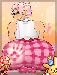 1male big_ass blue_eyes bulge_under_clothes butt_focus cookie_run cookie_run_ovenbreak dilf femboy femboy_dilf fully_clothed gay hand_mark looking_at_viewer muscular_male pink_hair pink_meringue_cookie smiling_at_viewer solo_focus solo_male spank_mark spanked_butt testicles