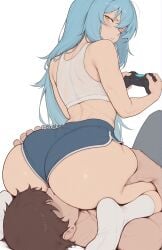 1femboy ai_generated annoyed ass back back_view big_ass big_butt blush bratinni crop_top dolphin_shorts faceless_male femboy from_behind game_controller grabbing grabbing_from_behind holding_object looking_at_another looking_back lying muscular_male otoko_no_ko rimuru_tempest shorts simple_background sitting sitting_on_face sitting_on_person sleeveless socks tensei_shitara_slime_datta_ken thick_thighs topless
