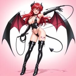 ;d ai_generated arm_up armpits bare_shoulders bikini black_bikini black_choker black_corset black_footwear black_gloves black_horns black_panties blush boots breasts choker cleavage clothing corset criss-cross_halter cross-laced_footwear demon_girl demon_horns demon_tail demon_wings dominatrix elbow_gloves female footwear full_body gloves gradient_background halterneck heart_tattoo high_heel_boots high_heels highleg holding holding_whip horns lace-up_boots large_breasts latex leg_tattoo legwear long_hair looking_at_viewer navel o-ring oerba_yun_fang one_eye_closed open_mouth outstretched_arm panties pink_background pointy_ears red_eyes red_hair shoes sideboob simple_background smile solo standing stomach swimsuit tail tattoo teeth thigh_boots thighhighs thighs underwear upper_teeth_only whip wings