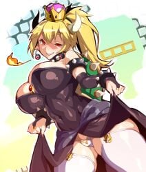 armband big_breasts blonde_hair bowsette crown dress ear_piercing female front_view horn mammal mario_(series) new_super_mario_bros._u_deluxe nintendo potion_(moudamepo) shell spiked_bracelet spiked_collar super_mario_bros. super_mario_bros._(nes) thick_thighs video_games