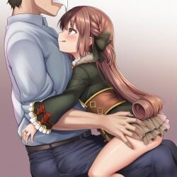 1boy ai_generated ass black_bow black_bowtie blush bow bowtie braid brown_hair commentary_request curly_hair female gothic_lolita hug licking_lips lolita_fashion long_hair magia_record:_mahou_shoujo_madoka_magica_gaiden magical_girl mahou_shoujo_madoka_magica okasa_re_taii partial_commentary red_bow red_bowtie satomi_touka sitting thighs tongue tongue_out