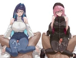 2boys 2girls absurdres after_ejaculation beanie black_hat black_jacket black_pants blue_eyes blue_hair blunt_bangs breasts clothed_female_nude_male clothed_sex colored_inner_hair commentary commission cowgirl_position cum cum_on_legwear denim english_commentary glasses hair_intakes hat high-waist_pants highres hololive hololive_english jacket jeans large_breasts long_hair medium_hair mori_calliope mori_calliope_(the_story_thus_far) multicolored_hair multiple_boys multiple_girls nisakusa nude official_alternate_costume official_alternate_hair_length official_alternate_hairstyle ouro_kronii ouro_kronii_(casual) pants penis pink_eyes pink_hair shirt simple_background smile straight sweater sweater_tucked_in thigh_sex torn_clothes torn_pants turtleneck turtleneck_sweater two-sided_fabric two-sided_jacket uncensored virtual_youtuber white_sweater