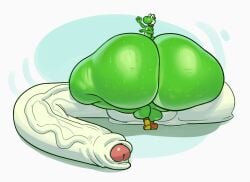 ass balls big_balls big_butt big_penis bodily_fluids clothing footwear foreskin genitals green_yoshi hi_res huge_balls huge_butt huge_cock hyper hyper_balls hyper_butt hyper_genitalia hyper_penis long_penis looking_back lotolotl male mario_(series) mario_bros nintendo nude penis shoes solo sweat sweatdrop sweaty_butt vein veiny_penis yoshi