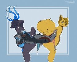 anal anal_vore anthro antlers belly big_belly bodily_fluids bone canid canine canis coyote cum curled_tail deer ejaculation genital_fluids genitals group gurglegluts guts hi_res horn inside internal internal_anal intestines kingby living_insertion male male/male male_pred male_prey mammal new_world_deer nude organs partially_inside penis prey_outline reindeer rib_cage same_size_vore staxxd_(character) stomach_bulge tail trio tug_of_vore vore wolf