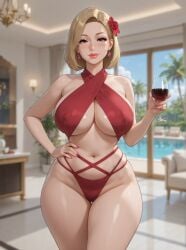 ai_generated belly_button bikini bikini_strap blonde_hair blurry_background chandelier criss-cross_straps curtains eyelashes female flower_in_hair grok hand_on_hip holding_wine_glass hoop_earrings hourglass_figure indoors large_breasts light-skinned_female lipstick lounge_chair midriff milf mommy nail_polish nipple_outline one_hand_on_hip outdoor_background palm_leaf palm_tree pelvic_line poolside potted_plant red_clothing red_wine resort rgomez007 self_upload short_hair sideboob skindentation smiling_at_viewer solo_female stable_diffusion standing swimming_pool swimsuit thick_lips thick_thighs underboob voluptuous warm_lighting wide_hips wine_glass