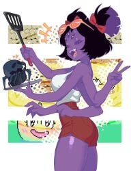 arthropod_girl black_hair bow commentary english_commentary extra_arms extra_eyes fangs hair_bow highres insect_girl looking_at_viewer medium_hair muffet onionsan open_mouth plate red_shorts sharp_teeth shorts spatula spider_girl sunglasses tank_top teeth undertale utdr_(toby_fox) v white_tank_top