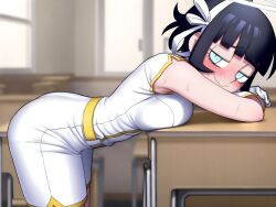 1girls ai_generated angel angel_girl arched_back armpits azazel_(helltaker) black_hair blue_eyes blush breast_press female female_only halo helltaker short_hair solo sweat
