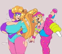 2girls blonde_female blonde_hair blue_choker blue_eyeshadow brawl_stars charlie_(brawl_stars) choker earrings eyelashes eyeshadow female_only garp_sand gigantic_breasts grey_background gym_clothes gym_uniform hand_on_hip happy happy_expression leg_lift long_hair melodie_(brawl_stars) microphone nail_polish no_sex on_one_leg painted_nails pink_nails ponytail pump_it_melodie_(brawl_stars) purple_choker ripped_clothing steamy_breath sweatband sweatdrop sweating thick_thighs torn_clothes torn_legwear triangle_earrings visor_cap workout_charlie_(brawl_stars)