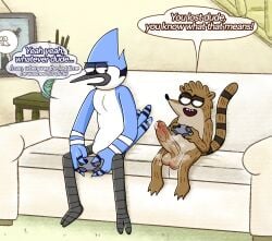 absurd_res anthro avian balls beak bird blue_jay bodily_fluids cartoon_network controller corvid dialogue duo english_text erection furniture game_controller gaming genital_fluids genitals hi_res holding_object humanoid_genitalia imminent_sex jay_(bird) joalmidon male male/male mammal mordecai_(regular_show) musk musk_cloud new_world_jay nude oscine passerine penis procyonid raccoon regular_show rigby_(regular_show) sitting smile sofa tail text