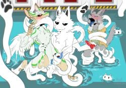 4_ears 4_horns anal anal_sex anthro avali bite blush bodily_fluids changed_(video_game) cheek_tuft clothing cum cum_drip cum_on_penis dragon dripping ejaculation facial_tuft fluffy fluffy_chest fluffy_tail fur furred_dragon furred_scalie genital_fluids genitals green_markings grey_body group handjob hi_res horn knot knot_grab knotted_penis male male/male markings multi_arm multi_ear multi_horn multi_limb mythological_creature mythological_scalie mythology open_mouth penetration penile penis prey(sinful_tincan) raili_(dash4462) scalie sex smug_face squid_dog_(changed) swimming_pool tail tenebscuro tentacle tentacle_in_ass tentacle_penetration tongue tongue_out trio tuft white_body white_fur winged_arms wings