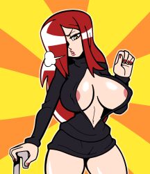 1girls belly_button big_breasts hair_over_one_eye large_breasts long_hair nipple_slip parasoul partially_clothed red_hair red_lipstick red_nails shamefuldisplay skullgirls solo solo_female tired yellow_eyes