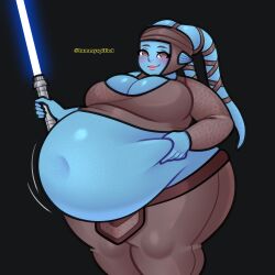 aayla_secura alien_girl bbw belly_button blue_body chubby_female female_only holding_belly huge_belly huge_breasts jedi_master lightsaber morbidly_obese_female overweight overweight_female star_wars thicc_thighs tummyspilled