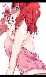 1boy back bangs bar_censor bare_shoulders blush censored covered_nipples ern_rkgk fellatio female from_side highres licking licking_penis love_live! love_live!_school_idol_project nishikino_maki oral penis purple_eyes red_hair see-through short_hair solo_focus straight tongue tongue_out underwear