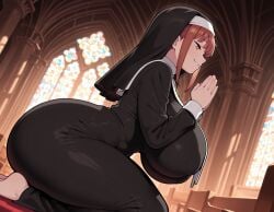 1girl ai_generated black_dress chainsaw_man church female female_only hands_together huge_ass huge_breasts indoors kneeling large_breasts makima_(chainsaw_man) mushisaur nun nun_habit nun_outfit praying red_hair smile solo yellow_eyes