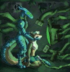 absurd_res android anthro canid canine canis clothing digital_drawing_(artwork) digital_media_(artwork) domestic_dog duo electronics erection fur genitals hi_res holding_head hypnosis hypnotic_screen kneeling kneeling_on_ground limp_arms machine male male/male mammal mind_control multicolored_body multicolored_fur penile penis plant robot scalie screen sex_toy speaker sqwkr static synth_(vader-san) tail television tenting underwear vibrator vibrator_on_penis vines wand_vibrator