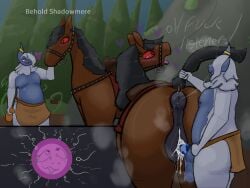 3_eyes animal_genitalia animal_penis animal_vulva anthro anus begging_for_more belly bethesda_game_studios bodily_fluids dialogue duo equid equine equine_anus equine_genitalia equine_penis equine_vulva female feral feral_penetrated fur genitals hair hair_over_eye heart_symbol hearts_around_head hi_res horse humanoid impregnation male male/female male_rimming_female mammal microsoft mooncalf_(sindri_myr) mottled mottled_genitalia mottled_penis multi_eye oblivion ovum ovum_with_face ovum_with_facial_features penetration penis red_eyes rimming_female rockpankake romantic romantic_couple saddle saliva saliva_string shadowmere shaved_fur sindri_myr slightly_chubby tail tail_pull the_elder_scrolls vaginal_penetration white_body white_fur zoophilia