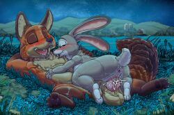 american_red_fox anthro anthro_on_anthro anthro_penetrated anthro_penetrating anthro_penetrating_anthro anus ass balls bite blush bodily_fluids closed_eyes clothed clothing cum cum_in_vagina cum_inside disney duo ejaculating_while_penetrating ejaculation european_rabbit female female_on_top female_penetrated field genital_fluids genitals grass hug interspecies judy_hopps kitsune_youkai knot knotted_penis lagomorph larger_male laying_on_top leporid lying lying_on_another male male/female male_on_bottom male_penetrating male_penetrating_female mammal nick_wilde night nude on_back on_bottom on_grass on_ground on_top open_mouth orgasm oryctolagus outside penetration penile penile_penetration penis penis_in_vagina pink_anus pink_penis plant rabbit ready_or_not_(boney) sex size_difference smaller_female vaginal_fluids vaginal_fluids_on_penis vaginal_penetration zootopia