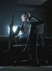 1girls 3d 3d_(artwork) 3d_model 40_year_old ass black_bodysuit blonde_hair breasts computer crossed_legs female female_only gun hair indooss light-skinned_female light_skin lips lipstick mature mature_female mature_woman office_background resident_evil resident_evil_9:_requiem sherry_birkin sherry_birkin_(bridgette_haze) shotgun sitting solo vexonair weapon youthful youthful_face youthful_features youthful_look