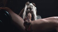 1boy 1girl 3d 3d_(artwork) 3d_model 3d_render black_pupils blood_in_mouth blood_on_hand blood_stain blowjob clothed_female duo fellatio female forced_oral grey-skinned_female grey_body grey_skin hand_on_head head_grab imminent_penis_biting leeterr light_hair male male_human/female_undead naked_male pale-skinned_female pale_skin partial_male resident_evil resident_evil_9:_requiem selena_corey sweating undead undead_female white_dress white_hair white_iris zombie zombie_girl