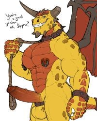 abs activision anthro ball_ring balls biceps boris_(spyro) broken_horn chin_spikes claws collar cuff_(restraint) dialogue dragon dream_and_nightmare erection facial_spikes genitals glans hi_res holding_leash holding_object holding_own_leash horn humanoid_genitalia humanoid_penis jaw_spikes leash looking_at_viewer male multicolored_body muscular muscular_anthro muscular_male mythological_creature mythological_scalie mythology nipple_piercing nipples nude pecs penis piercing portrait rescued_dragons_(spyro) restraints scales scalie simple_background smile solo spikes spikes_(anatomy) spyro_reignited_trilogy spyro_the_dragon standing testicle_cuff three-quarter_portrait two_tone_body vein veiny_penis ventral_scales white_background wings wrist_cuffs yellow_body