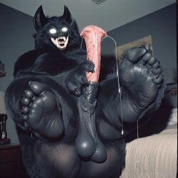 ai_generated anthro balls bara black_body black_fur black_hair black_soles equine_penis fixed_version foot_fetish foot_focus furry furry_only gay horse_penis horsecock low_hanging_balls masturbation mushroom_penis open_legs precum precum_drip sharp_claws sharp_fingernails sharp_teeth sharp_toenails testicles voluptuous werewolf white_eyes