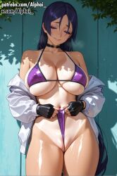 2025 2026 absurd_res absurdres ai_generated alphai bare_shoulders bikini blush blush_lines breasts choker cinematic_lighting colorful_background covered_nipples depth_of_field detailed_background detailed_hair detailed_skin dramatic_shadows eyepatch_bikini fate/grand_order fate_(series) female female_focus fingerless_gloves frontal_wedgie gloves heavy_breathing high_quality high_resolution highres huge_breasts jacket large_breasts long_hair looking_at_viewer makeup masturbation minamoto_no_raikou_(fate/grand_order) naughty_face navel night off_shoulder one_eye_closed open_clothes open_jacket outdoors particles purple_bikini purple_eyes purple_hair pussy pussy_wedgie raised_eyebrows self_wedgie semirealistic shiny_skin skindentation smile solo sweat swimsuit tan tanlines thick_thighs thighs volumetric_lighting wedgie wet