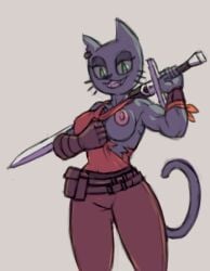 anthro big_breasts big_butt black_fur feline feline flashing_breasts green_eyes keystone kocia_pierdocia large_hips muscular_arms muscular_female oerba_yun_fang rawslaw5 smirk sole_female sword thick_thighs thin_waist vanripper