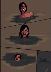 annoyed_expression annoyed_face black_hair black_lipstick choker closed_eyes comic comic_strip dark-skinned_female female female_solo glasses gynesisx lipstick messy mud muddy quicksand rei_(gynesisx) sequence short_hair sinking struggling struggling_to_get_out submerged submerged_in_mud tied_up