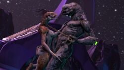 3_fingers 3d_(artwork) alien anthro arm_quills ass bedroom_eyes breasts chain_leash chains claws collar collar_only colored digital_media_(artwork) digitigrade dominant dominant_male duo erection eye_contact female finger_claws fingers genitals halo_(series) hand_on_butt hand_on_chest hand_on_leg hand_on_thigh hi_res holding_chain holding_leash holding_object humanoid_genitalia humanoid_penis ibie'shan interspecies kig-yar larger_male leash leashed_collar licking licking_lips licking_own_lips looking_at_another maaarked_one male male/female microsoft narrowed_eyes night non-mammal_breasts nude outside penis pupils quill_hair sangheili scalie seductive sharp_teeth side_boob size_difference sky slit_pupils small_tail smaller_anthro smaller_female star starry_sky submissive submissive_anthro submissive_female tail teeth tongue tongue_out xbox_game_studios yellow_eyes
