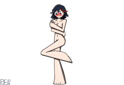 1girls barefoot black_eyes black_hair blue_ink22 blush breasts completely_nude completely_nude_female covering_breasts embarrassed embarrassed_nude_female enf female female_only kill_la_kill matoi_ryuuko naked navel nude nude_female red_streak short_hair solo tagme white_background