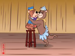 4:3 anthro arm_around_partner artzilla60 balls bear boo-boo_bear bottomwear bow_tie breast_play breasts cindy_bear closed_eyes clothing collared_shirt crown dress_shirt duo dwarfism erection female furniture genitals handjob hanna-barbera hat headgear headwear hi_res kerchief male male/female mammal moan neckerchief neckwear open_mouth pantsless_male penile sex shirt size_difference skirt smile standing standing_sex stool tiara titjob topwear yogi_bear