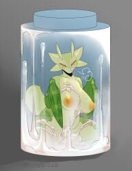 absurd_res angry anthro areola arthropod arthropod_abdomen biped blush bodily_fluids breasts container cum cum_everywhere cum_in_container cum_in_jar cum_on_belly cum_on_body cum_on_breasts cum_on_face cum_on_leg cyber_d1e female genital_fluids green_body green_skin grey_background hi_res in_container in_jar insects jar looking_at_viewer male mantis messy micro nipples orange_areola orange_nipples pamela_(cyber_d1e) raptorial_(anatomy) red_eyes simple_background solo