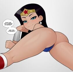 1girls aged_down amazon ass bangs bare_legs bare_shoulders big_ass black_hair blue_eyes bracer cameltoe cartoon_network clenched_hands closed_mouth dc dc_comics diana_prince earrings english_text from_behind half-closed_eyes heroine jewelry justice_league justice_league_unlimited legs long_hair loodncrood looking_at_viewer looking_back lying lying_on_stomach naughty_face on_stomach parted_bangs simple_background smile speech_bubble spread_legs star star_(symbol) star_earrings star_print straight_hair superhero_costume superheroine talking teenage_female teenage_girl teenager text themysciran thighs tiara wonder_girl_(diana_prince) wonder_woman wonder_woman_(series)