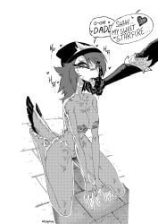 absurd_res areola artist_name avian barely_visible_genitalia barely_visible_vulva beak beanie bird blush bodily_fluids breasts clothing english_text eyelashes feathered_tail feathers female genitals greyscale hair hat headgear headwear heart_symbol hellaverse helluva_boss hi_res incest_(lore) kneeling long_hair long_tail male male/female monochrome nipples nude octavia_(helluva_boss) offscreen_character owl owl_demon ruddyrzaq stolas_(helluva_boss) sweat sweatdrop tail text thick_eyelashes tongue tongue_out touching_tongue vulva watermark