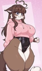 ahoge ai_generated animal_ears animal_tail animation_meme_community anthro anthro_female anthro_focus anthro_only bangs bare_legs bare_thighs big_breasts blue_eyes brown_fur brown_hair cat_ears cat_girl cat_tail catgirl covered_navel cropped_hoodie drawstring ears_down feline feline_ears feline_tail female female_anthro female_focus female_only furry furry_female furry_only heart_ahoge hood_down hoodie leotard long_hair momoko_(yeagar) pink_background pink_nose pixai simple_background solo solo_anthro solo_female solo_focus tagme tail thick_thighs two-tone_fur white_fur yeagar youtube youtuber youtuber_girl