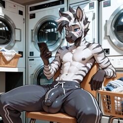 1boy abs ai_generated anthro anthro_male balls balls_bulge big_bulge blue_eyes blush bulge bulge_through_clothing furry furry_male half-dressed laundry laundry_room legs_apart looking_at_phone male male_only mohawk penis_bulge phone skinny_male slim_waist solo_male striped_body striped_fur striped_hair sweatpants tail topless velix5 white_fur zebra zebra_ears zebra_tail