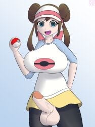 1futa balls big_balls big_breasts big_penis blue_eyes breasts brown_hair clothed clothing dickgirl erection full-package_futanari futa_only futanari human intersex kinkaru light-skinned_futanari light_skin mostly_clothed pale_skin pantyhose penis pokemon pokemon_bw2 precum retracted_foreskin rosa_(pokemon) self_upload solo standing